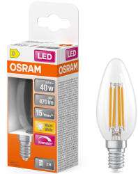OSRAM E14 LED gyertya, 3, 4W, 470 lm, 2700 K, melegfehér, dimmelhető, áttetsző üveg-40 W izzó helyett - Superstar Classic B filament (4099854445712)