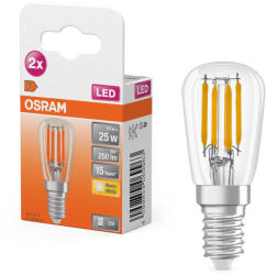 OSRAM E14 LED 2, 8W, 250 lm, 2700 K, melegfehér, áttetsző üveg-25 W izzó helyett, 2 darabos - Special T26 filament (4099854069963)