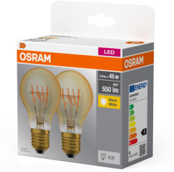 OSRAM E27 LED 5, 9W, 550 lm, 2700 K, melegfehér, áttetsző üveg-40 W normál izzó helyett, 2 darabos - Base Classic A filament (4099854008450)