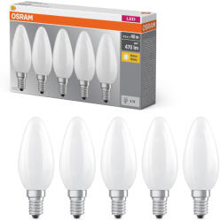 OSRAM E14 LED gyertya, 4, 2W, 470 lm, 2700 K, melegfehér, opál üveg-40 W izzó helyett, 5 darabos - Base Classic B (4058075090682)