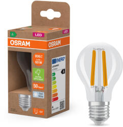 OSRAM E27 LED 3, 8W, 806 lm, 4000 K, hidegfehér, áttetsző üveg-60 W normál izzó helyett - Superstar+ Classic A filament (4099854115431)
