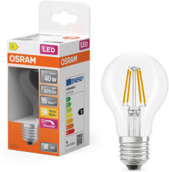 OSRAM E27 LED 3, 4W, 470 lm, 2700 K, melegfehér, dimmelhető, áttetsző üveg-40 W normál izzó helyett - Superstar Classic A filament (4099854464959)