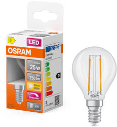 OSRAM E14 LED kisgömb, 1, 8W, 250 lm, 2700 K, melegfehér, dimmelhető, áttetsző üveg-25 W izzó helyett - Superstar Classic P filament (4099854455360)