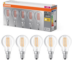 OSRAM E14 LED kisgömb, 4W, 470 lm, 2700 K, melegfehér, áttetsző üveg-40 W izzó helyett, 5 darabos - Base Classic P filament (4058075090668)