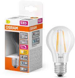 OSRAM E27 LED 2, 2W, 300 lm, 2700 K, melegfehér, dimmelhető, áttetsző üveg-25 W normál izzó helyett - Superstar+ Classic A filament (4099854084034)