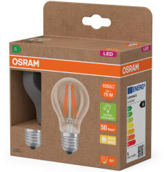 OSRAM E27 LED 5W, 1055 lm, 2700 K, melegfehér, áttetsző üveg-75 W normál izzó helyett, 2 darabos - Superstar+ Classic A filament (4099854253546)