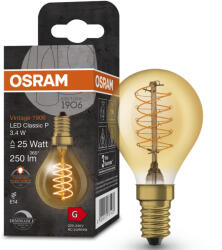 OSRAM E14 LED kisgömb, 3, 4W, 250 lm, 2200 K, candlelight, dimmelhető, arany színű színű üveg-25 W izzó helyett - Vintage 1906 DIM Classic P Gold filament (4058075761438)
