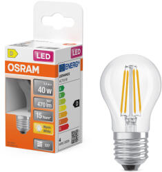 OSRAM E27 LED kisgömb, 3, 4W, 470 lm, 2700 K, melegfehér, áttetsző üveg-40 W izzó helyett - Superstar Classic P filament (4099854467790)