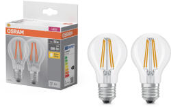 OSRAM E27 LED 7W, 806 lm, 2700 K, melegfehér, áttetsző üveg-60 W normál izzó helyett, 2 darabos - Base Classic A 60 filament (4099854064098)