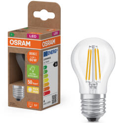 OSRAM E27 LED kisgömb, 3, 8W, 806 lm, 2700 K, melegfehér, áttetsző üveg-60 W izzó helyett - Superstar+ Classic P filament (4099854255243)