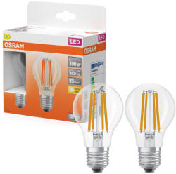 OSRAM E27 LED 11W, 1521 lm, 2700 K, melegfehér, áttetsző üveg-100 W normál izzó helyett, 2 darabos - Star Classic A filament (4058075330474)