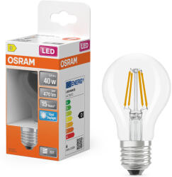 OSRAM E27 LED 3, 4W, 470 lm, 6500 K, daylight, áttetsző üveg-40 W normál izzó helyett - Star Classic A filament (4099854467240)