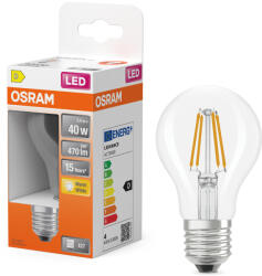 OSRAM E27 LED 3, 4W, 470 lm, 2700 K, melegfehér, áttetsző üveg-40 W normál izzó helyett - Star Classic A filament (4099854466632)