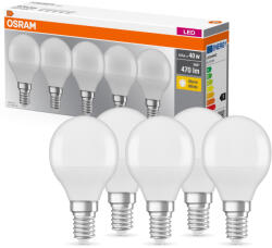 OSRAM E14 LED kisgömb, 4, 9W, 470 lm, 2700 K, melegfehér, opál műanyag-40 W izzó helyett, 5 darabos - Base Classic P (4058075152731)