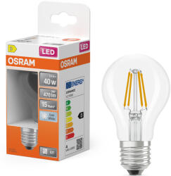 OSRAM E27 LED 3, 4W, 470 lm, 4000 K, hidegfehér, áttetsző üveg-40 W normál izzó helyett - Star Classic A filament (4099854466380)