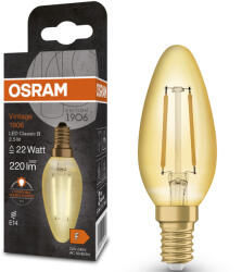 OSRAM E14 LED gyertya, 2, 5W, 220 lm, 2400 K, candlelight, arany színű színű üveg-20 W izzó helyett - Vintage 1906 Classic B filament (4099854091575)