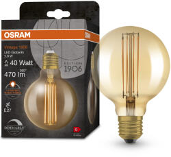 OSRAM E27 LED 5, 8W, 470 lm, 2200 K, candlelight, dimmelhető, arany színű színű üveg-40 W izzó helyett - Vintage 1906 DIM Classic Globe95 Gold filament (4058075761759)