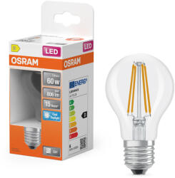 OSRAM E27 LED 5, 9W, 806 lm, 6500 K, daylight, áttetsző üveg-60 W normál izzó helyett - Star Classic A filament (4099854468155)