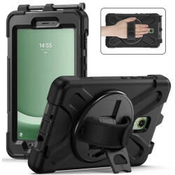 Samsung Tab Active 5 (8.0) SM-X306B, Műanyag hátlap védőtok, szilikon belső, kitámasztóval, kézpánt, Defender, fekete