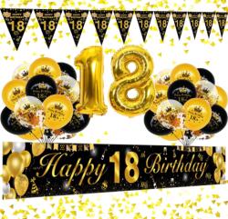 HIQE-FL Setul de baloane pentru petreceri Happy 18 Birthday Balloons - 18 ani, auriu + negru (b0b38bwdyk)