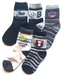 PöttömShop 5 pár fiú zokni - fekete-szürke munkagépes, focis, motoros, vegyes mintával