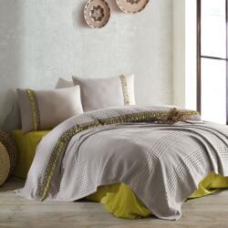 CLASY® Home Cuvertura 220x240cm cu cearceaf pat si fete perna, din bumbac cu ciucuri, Bohemline V3 Bej/Mustar