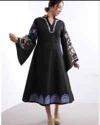 SHOPIKA Rochie neagra din poplin de bumbac, cu maneci ample si broderie S