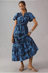 SHOPIKA Rochie din poplin de bumbac, cu elastic in talie si volane, albastru cu bleumarin S