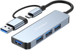 Techsuit - DataBridge 4 az 1-ben dokkolóállomás (H8) - USB, Type-C csatlakozóból USB 3.0, 3x USB 2.0 - Szürke
