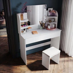  Fabelé fésülködő asztal polcokkal és fiókkal, ülőkével Fehér