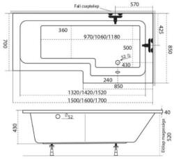 M-Acryl Linea 160x70/85 jobbos akryl fürdőkád lábbal (12143)