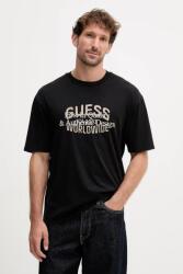 Guess pamut póló WORLDWIDE fekete, nyomott mintás, M5YI49 KBW41 - fekete M