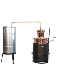DES Pálinkafőző 100 L keverővel, billenős, bilincses zárással, horg. spirálcsöves 200L-es hűtővel