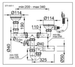 Styron Kétmedencés mosogatószifon leeresztővel (114), kerek túlf (STY657-1)