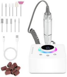  Hordozható professzionális körömcsiszoló 45000 RPM teljesítménnyel és LCD kijelző, Fehér (S-02-WHITE)