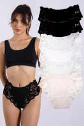 Dollcini , Magas Derekú Női Bugyi , Brazil Női Bugyi, Virágmintás Csipkés Női Bugyi -95% pamut + spandex, Többszínű, 6 db-os Csomag - XL (ZZC_88042_XL)