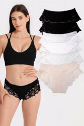 Dollcini , Klasszikus Női Bugyi, Brazil Női Bugyi, Virágmintás Csipkés Női Bugyi, 95% Pamut + Spandex-Többszínű, 6 db-os Csomag - L (ZZC_88052_L)