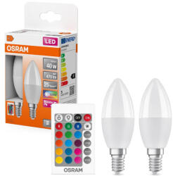 OSRAM 2x LED izzó B37 gyertya E14 4.9W = 40W 470lm 2700K RGBW 200° Szabályozható Távirányítóval Retrofit Izzószálas Osram (4058075610149)