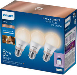 Philips 3x LED izzó E27 A60 8W = 60W 806lm 2700-6500K TW Intelligens OKOS WiFi Bluetooth WiZ App Philips (8720169303010)