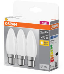 OSRAM 3x LED izzó B35 gyertya B22d 4W = 40W 470lm 2700K 300° Meleg fejelés Osram (4058075654358)