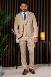Elite Fashion Camel kockás háromrészes slim Öltöny - 54 ( l )