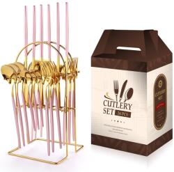 TRENDY S Portugál evőeszköz készlet, rozsdamentes acél 24 részes, állvánnyal, TRENDY'S, rózsaszín-arany (TCM-25RG)