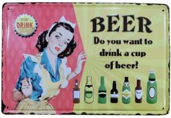  Vintage Dekor Fémtábla, dombornyomott 'Do you want to drink a cup of beer? ' felirat, retro hangulatú kialakítás, 30x20cm (A115)