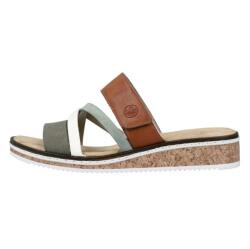 RIEKER Papuci dama, verde, cu barete multicolore, din piele ecologica, cu talpa joasa, antistres, Rieker V3652-91-Verde (Marime: 36) (V3652-91-Verde-36)