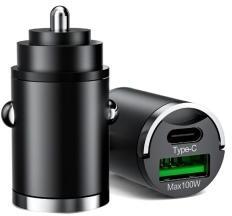 2 portos MAX 100W-os autós gyorstöltő adapter - 12/24V ? USB-A + USB-C (PD/QC)
