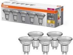 OSRAM GU10 LED 2, 6W, 230 lm, 2700 K, melegfehér, áttetsző üveg-35 W izzó helyett, 5 darabos - Base Spot PAR16 (4058075157941)