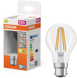 OSRAM B22d LED 5, 9W, 806 lm, 2700 K, melegfehér, áttetsző üveg-60 W izzó helyett - Star Classic A filament (4099854469237)