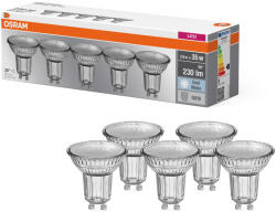 OSRAM GU10 LED 2, 6W, 230 lm, 4000 K, hidegfehér, áttetsző üveg-35 W izzó helyett, 5 darabos - Base Spot PAR16 (4058075157965)