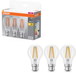OSRAM B22d LED 7W, 806 lm, 2700 K, melegfehér, áttetsző üveg-60 W izzó helyett, 3 darabos - Base Classic A 60 filament (4058075819498)