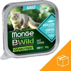 Monge BWild Adult Gabonamentes Alutálcás Macskaeledel (Tőkehal és Zöldségek) - 32x100 g